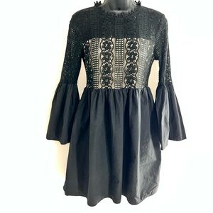 Endless Rose Black Lace 100% Cotton Dress w/Bell Sleeves Open Back-Size S